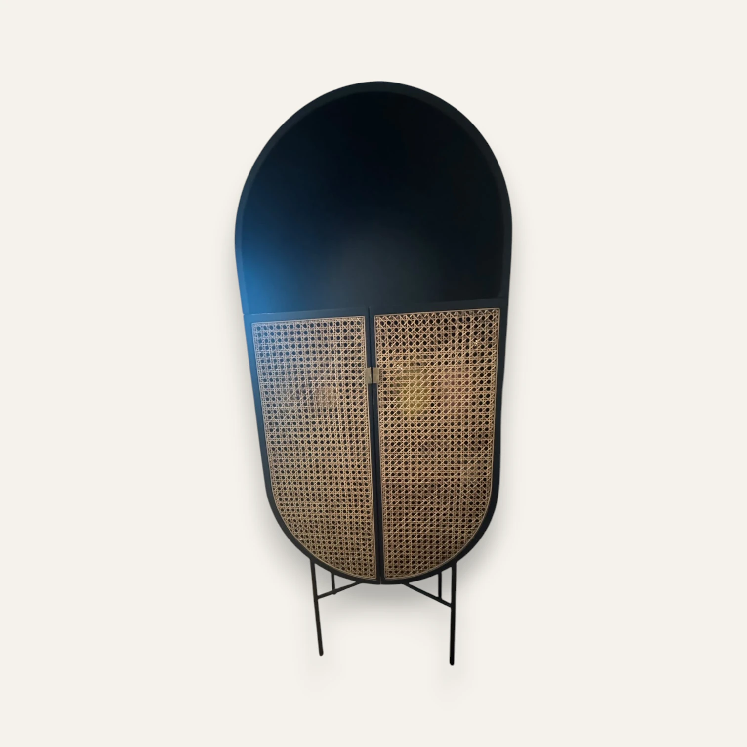 Black Arched Cane Cabinet with Metal Legs