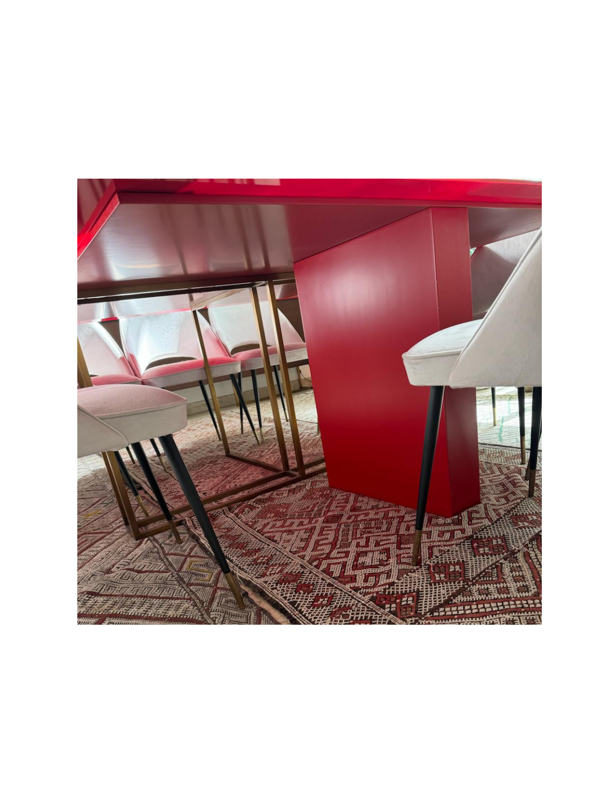 Custom Red Lacquer Dining Table by The Line Concept with 10 Suede Dining Chairs thumbnail 4