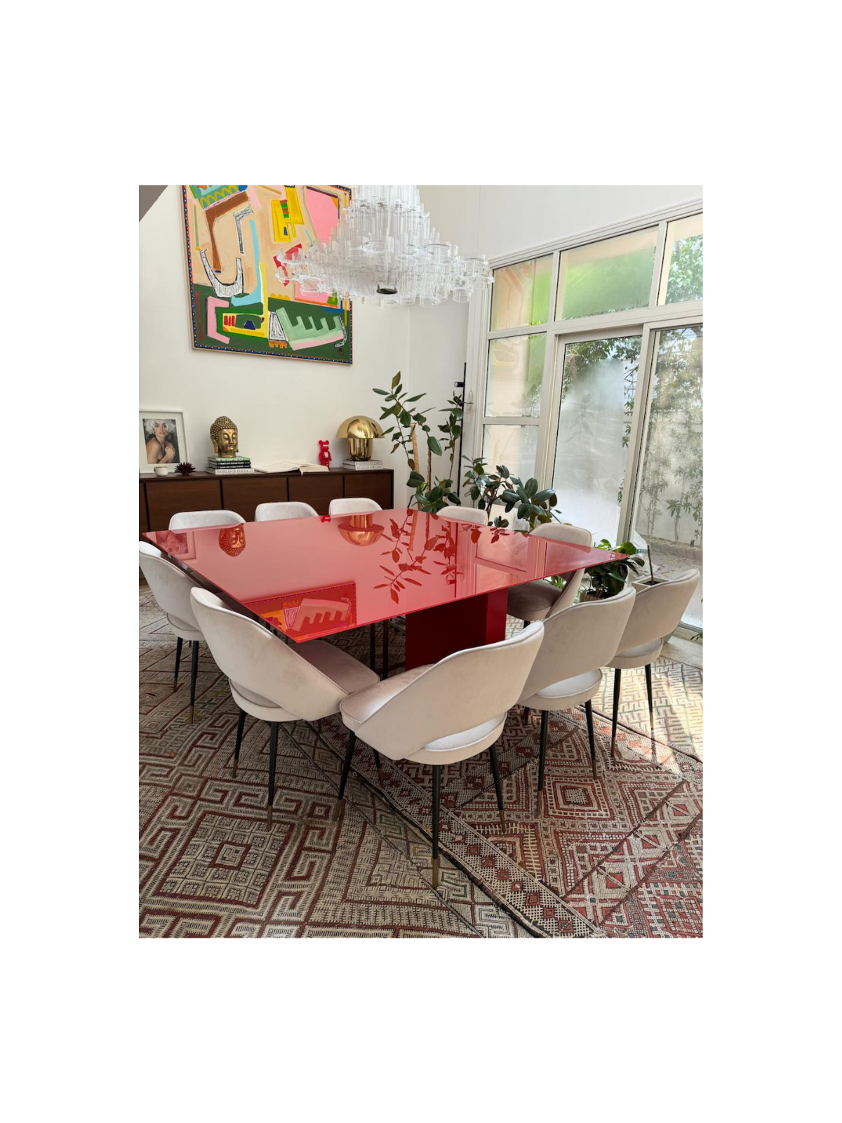 Custom Red Lacquer Dining Table by The Line Concept with 10 Suede Dining Chairs thumbnail 3