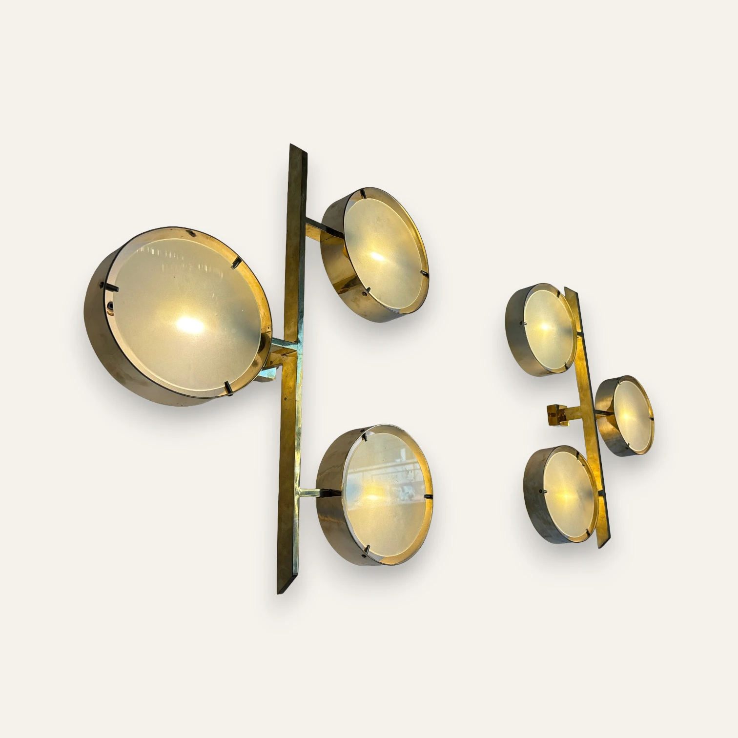 Pair of Italian Brass & Frosted Glass Three-Light Wall Sconces, in the Style of Angelo Lelli, 1970s