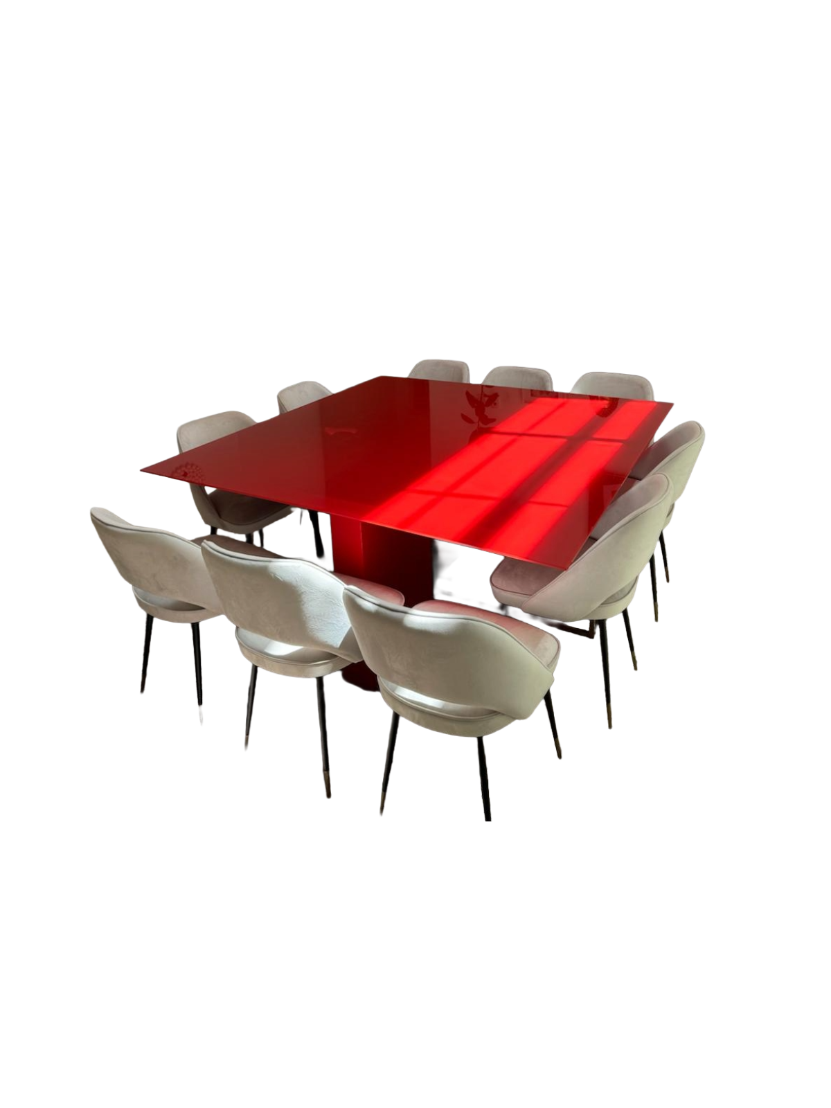 Custom Red Lacquer Dining Table by The Line Concept with 10 Suede Dining Chairs