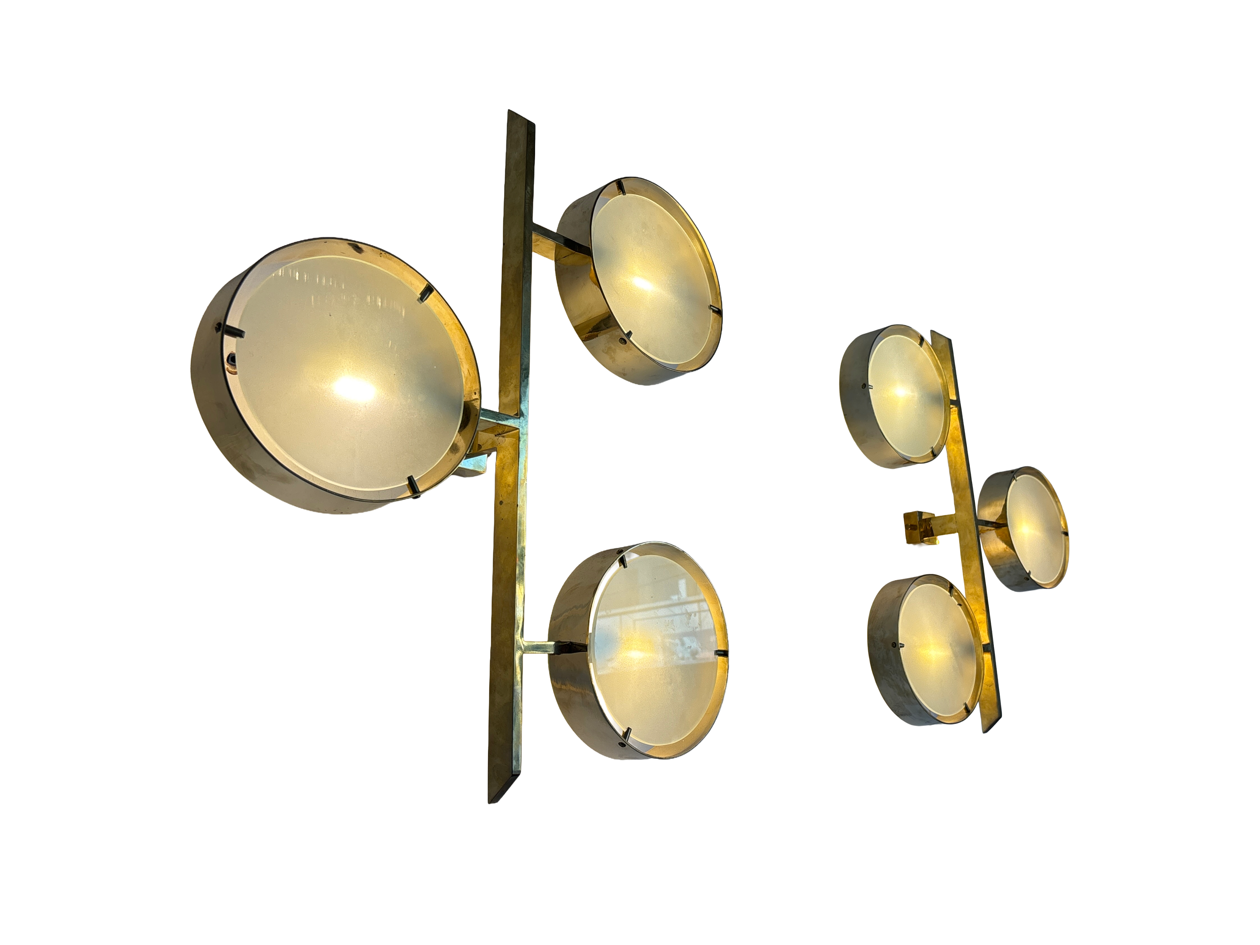 Pair of Italian Brass & Frosted Glass Three-Light Wall Sconces, in the Style of Angelo Lelli, 1970s