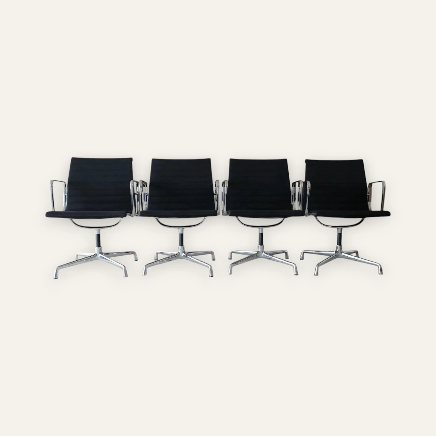 Set of 14 Genuine Vitra Eames EA 108 Swivel Chairs – Black Hopsak Fabric