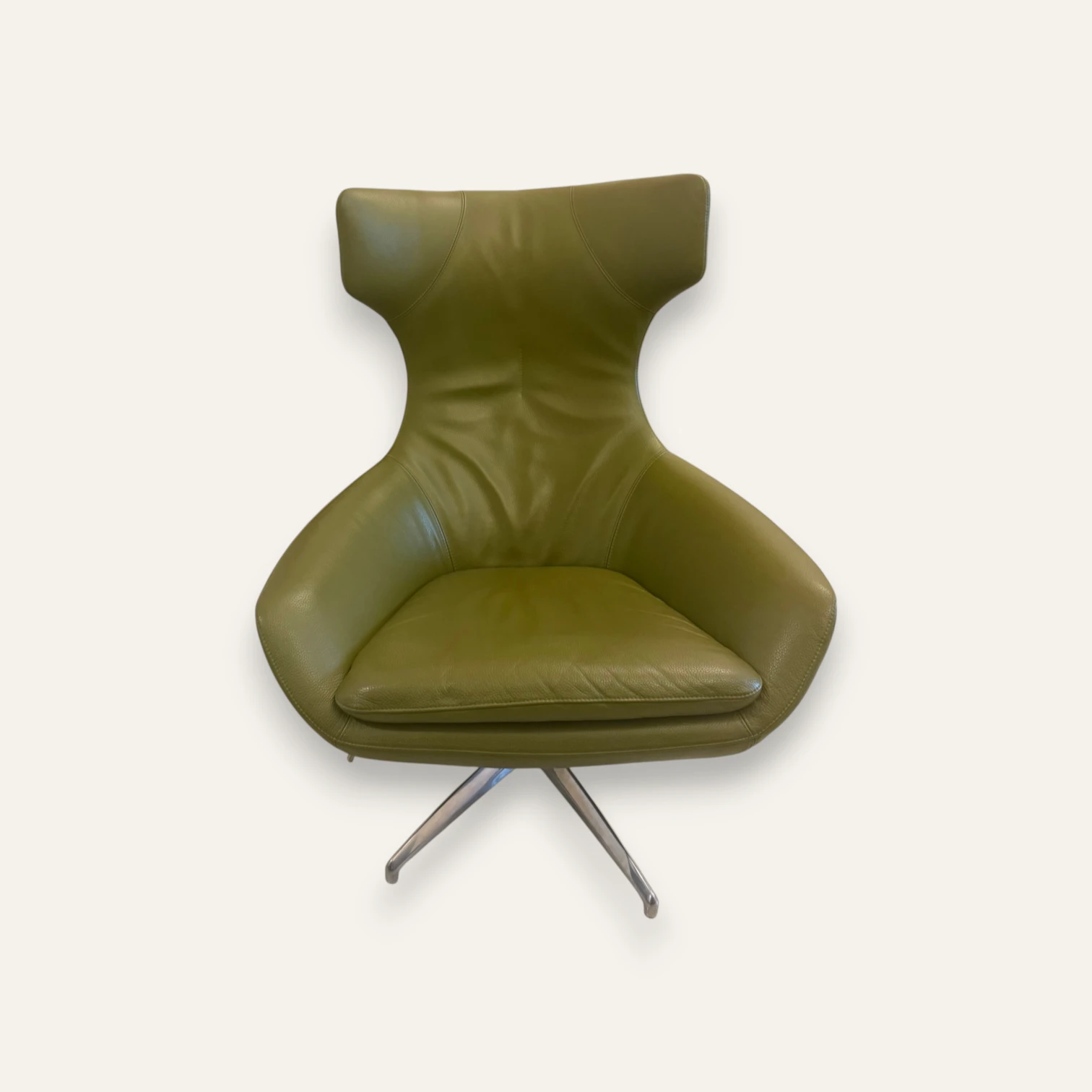 Leolux Caruzzo Swivel Armchair by Frans Schrofer – Olive Green Leather