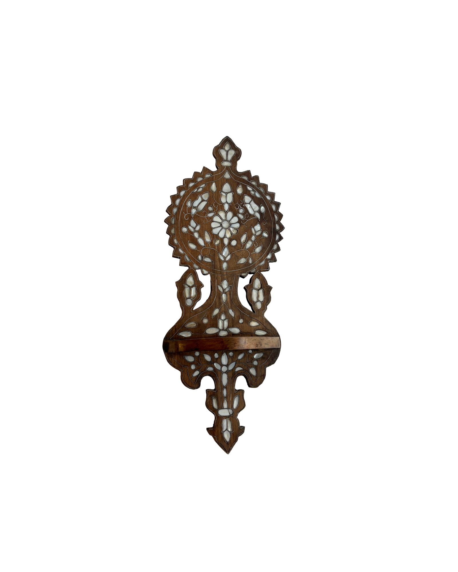 Vintage Syrian Mother-of-Pearl Inlaid Wall Shelf in Carved Hardwood