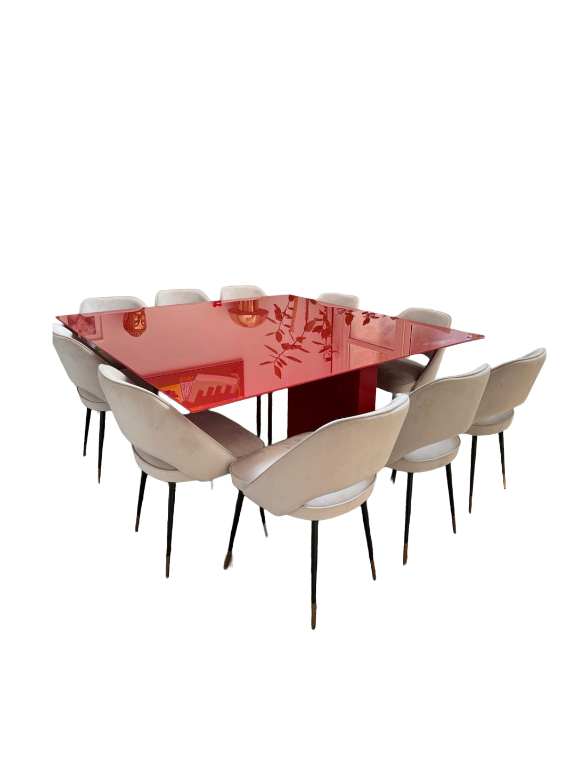 Custom Red Lacquer Dining Table by The Line Concept with 10 Suede Dining Chairs thumbnail 2