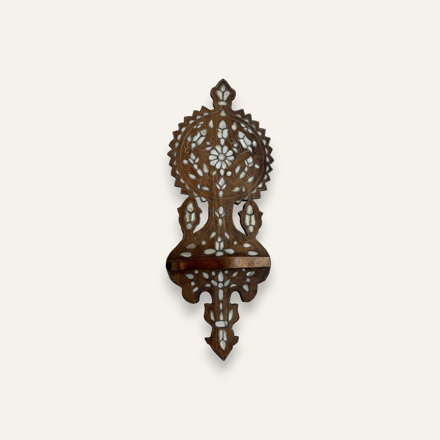 Vintage Syrian Mother-of-Pearl Inlaid Wall Shelf in Carved Hardwood