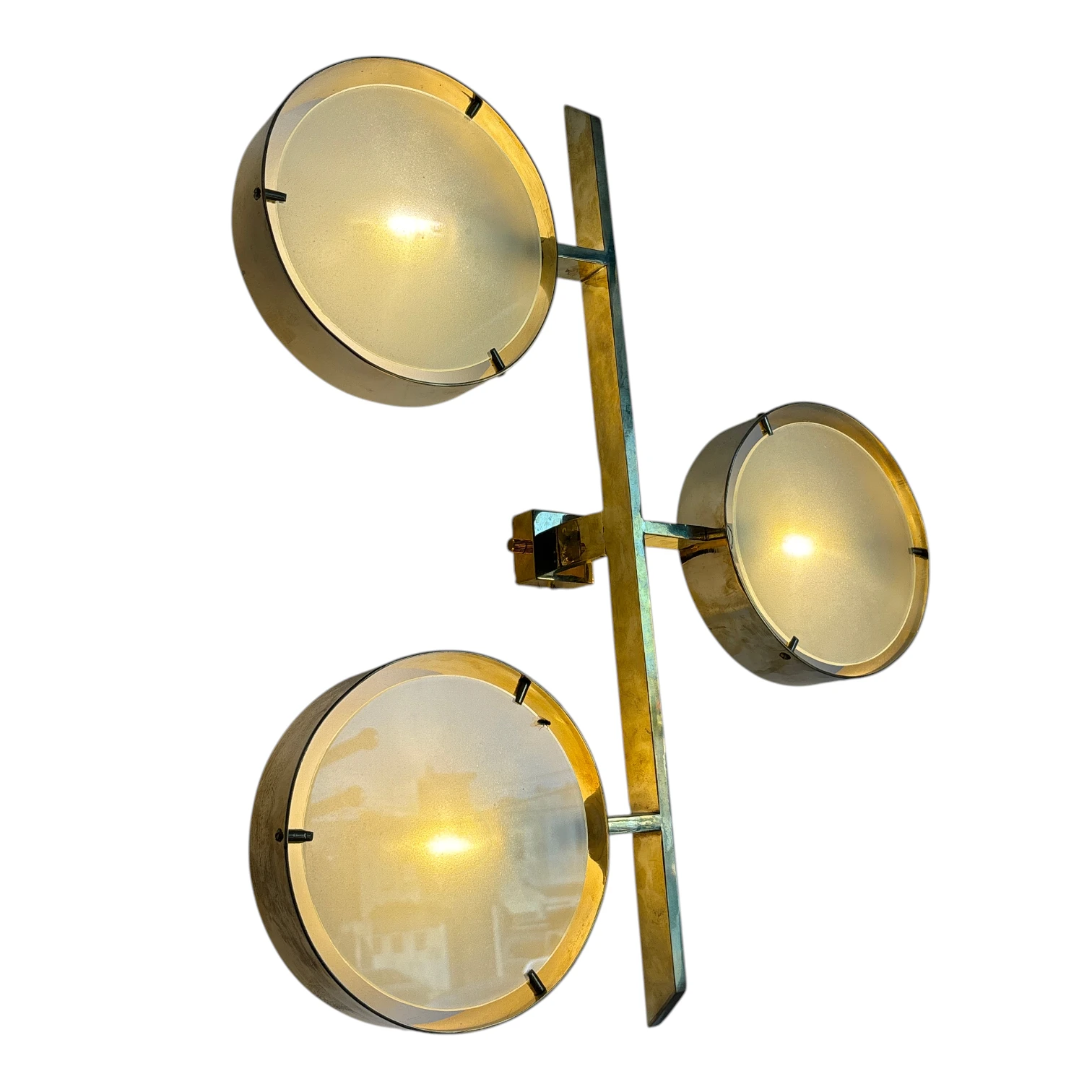 Pair of Italian Brass & Frosted Glass Three-Light Wall Sconces, in the Style of Angelo Lelli, 1970s thumbnail 4
