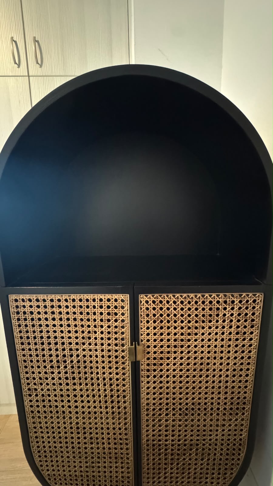 Black Arched Cane Cabinet with Metal Legs thumbnail 7