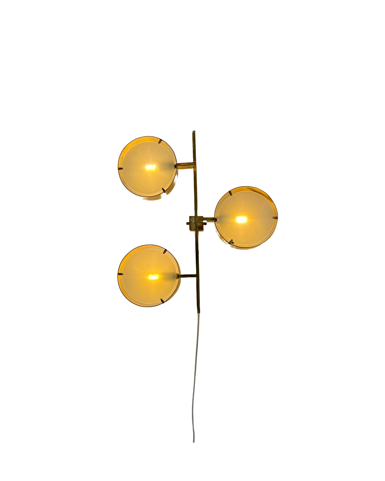 Pair of Italian Brass & Frosted Glass Three-Light Wall Sconces, in the Style of Angelo Lelli, 1970s thumbnail 5