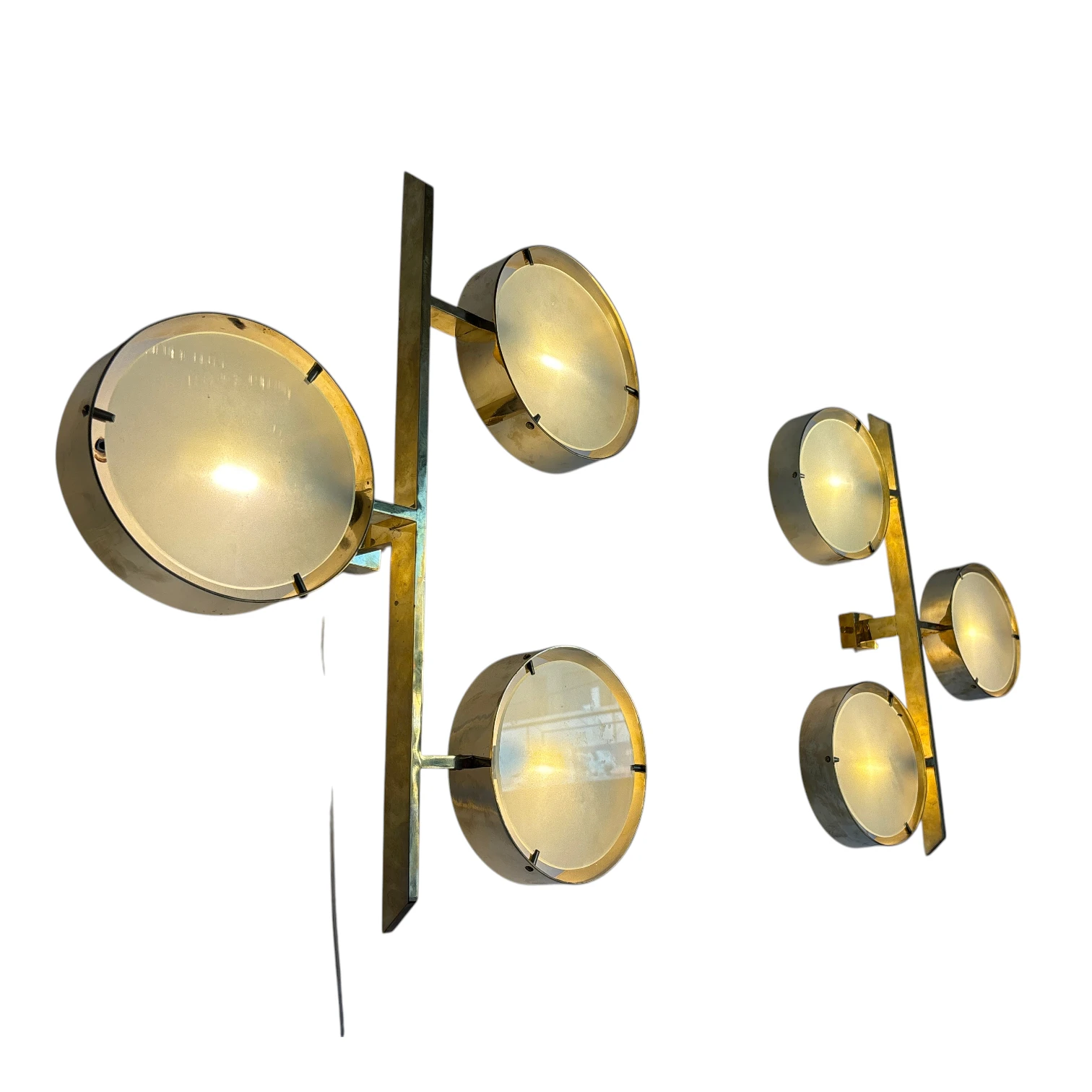Pair of Italian Brass & Frosted Glass Three-Light Wall Sconces, in the Style of Angelo Lelli, 1970s thumbnail 3