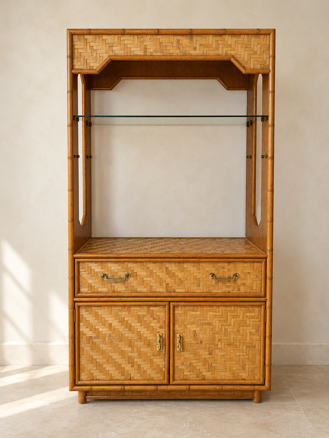 1970s Vintage Woven Bamboo Étagère Cabinet with Glass Shelf thumbnail 2